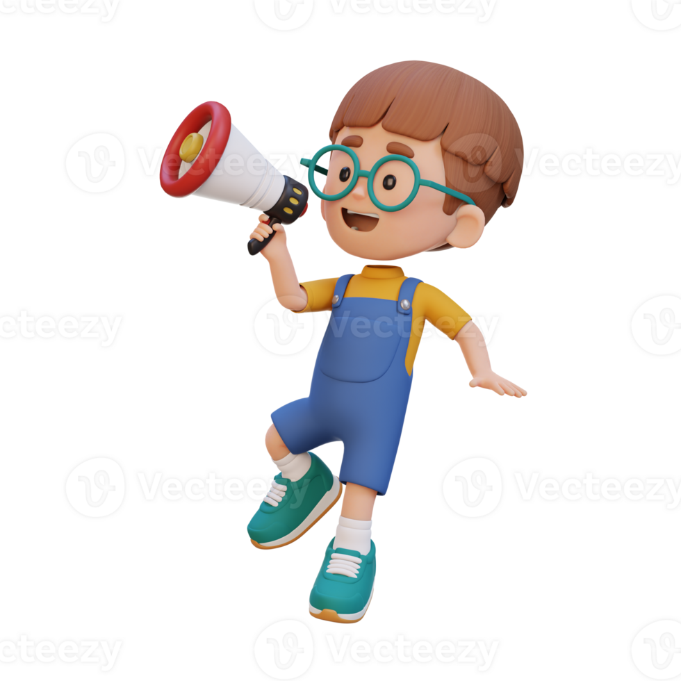 3D cute kid Character jumping and talking on Megaphone png