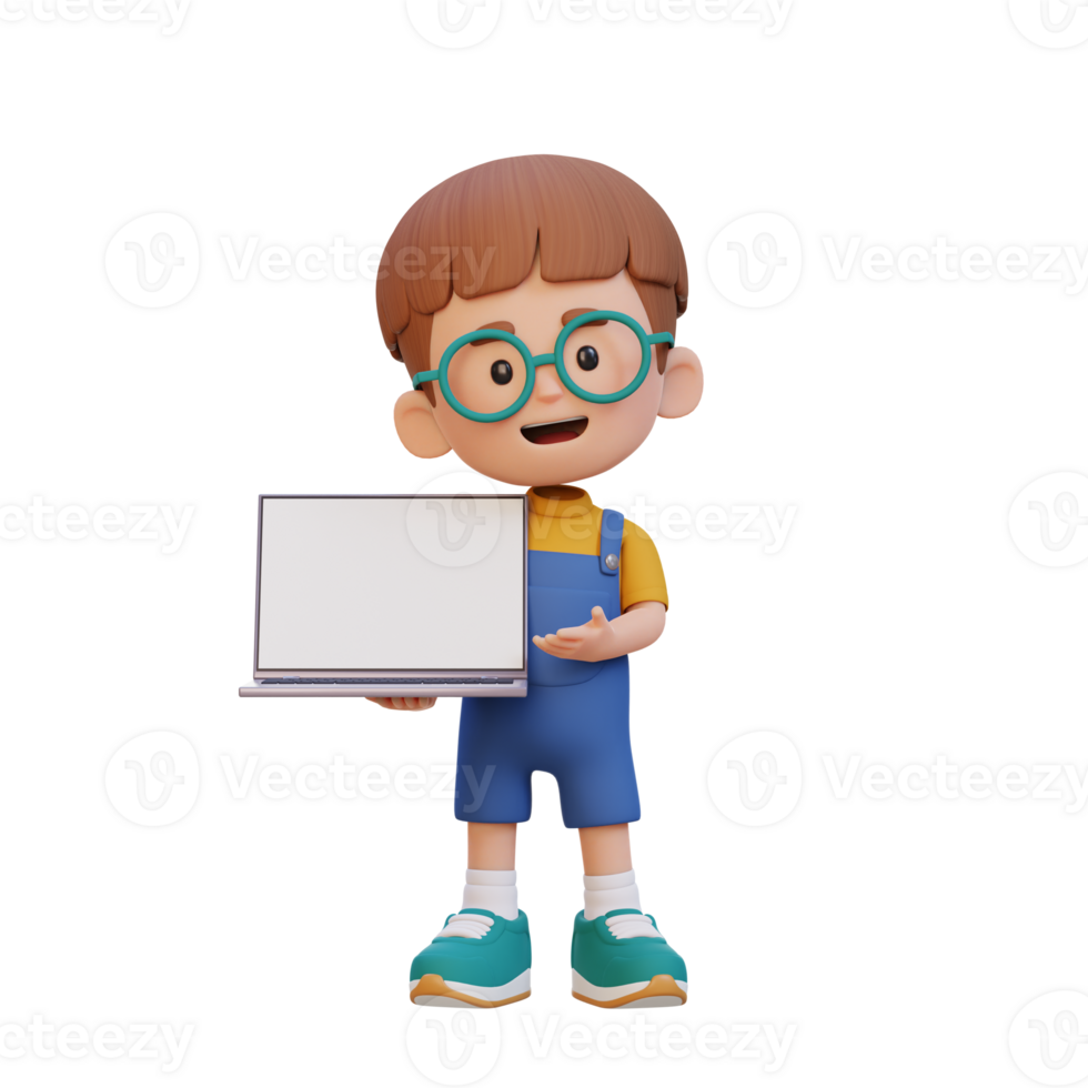 3D kid Character Holding and Presenting to a Laptop with Empty Screen png