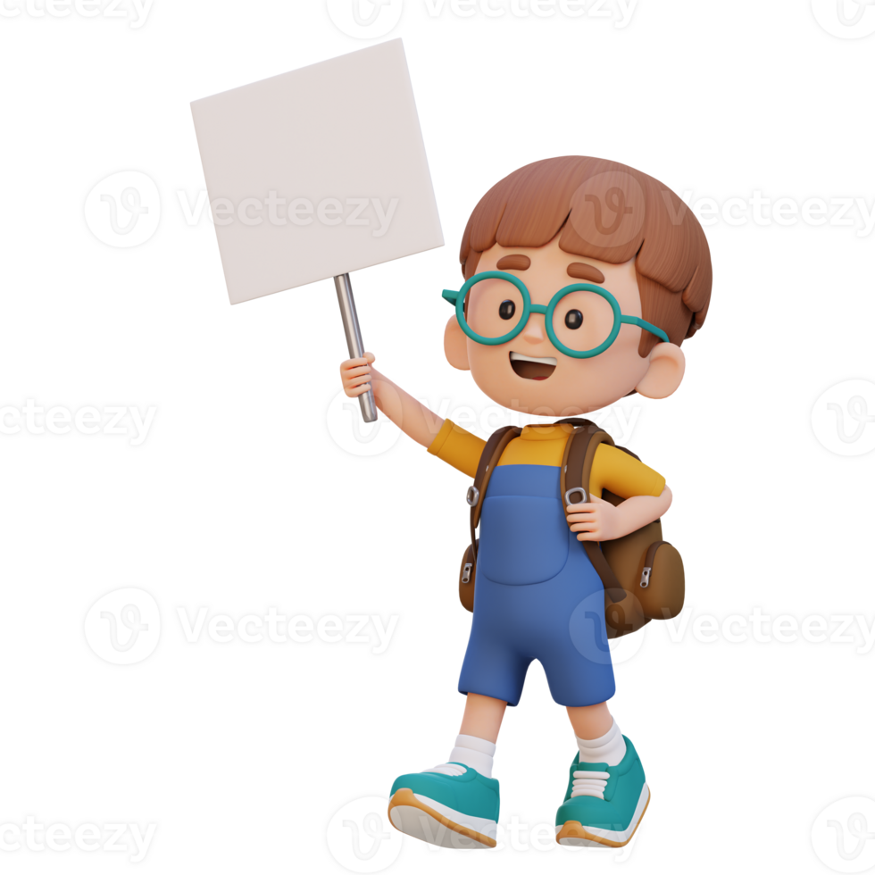 3D kid character holding a blank placard png