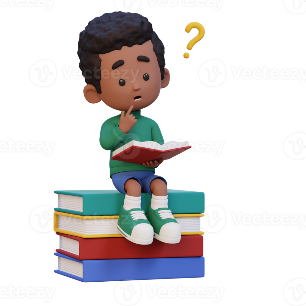3D kid character get confused when reading a book png