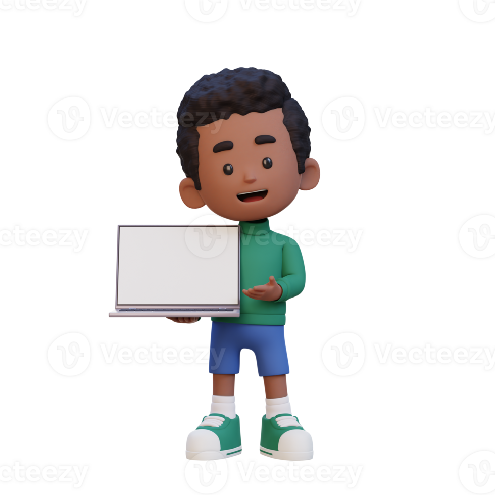 3D kid Character Holding and Presenting to a Laptop with Empty Screen png