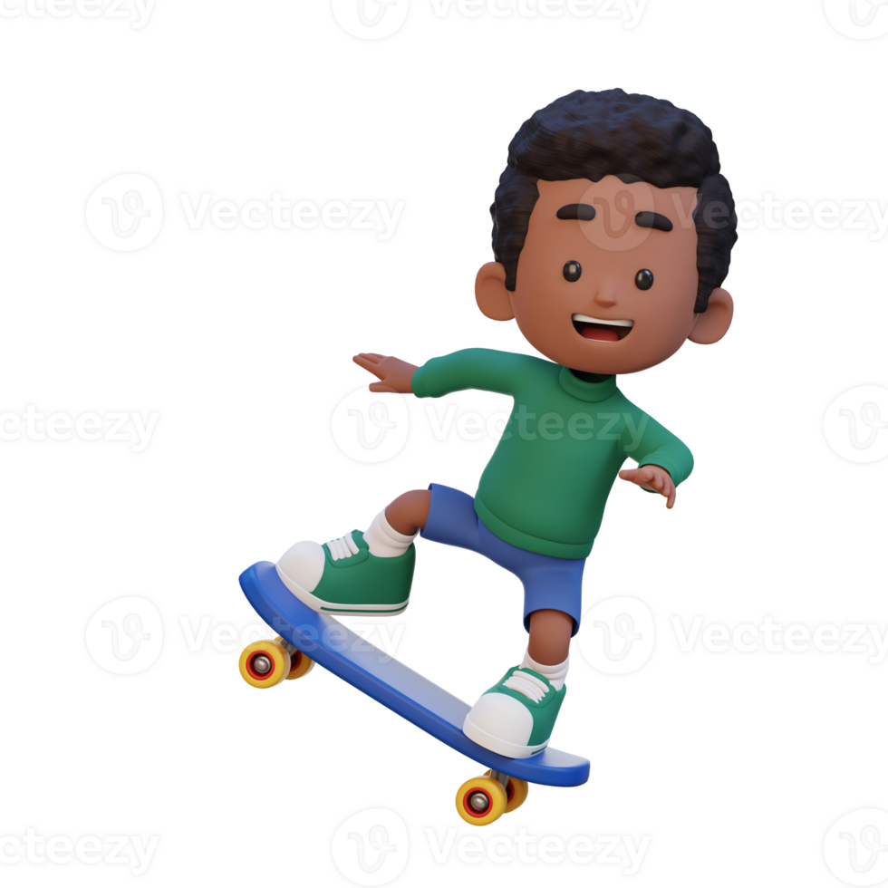 3D kid character ride skateboard png