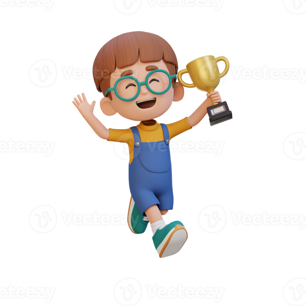 3d enfant personnage célébrer gagner en portant une trophée png
