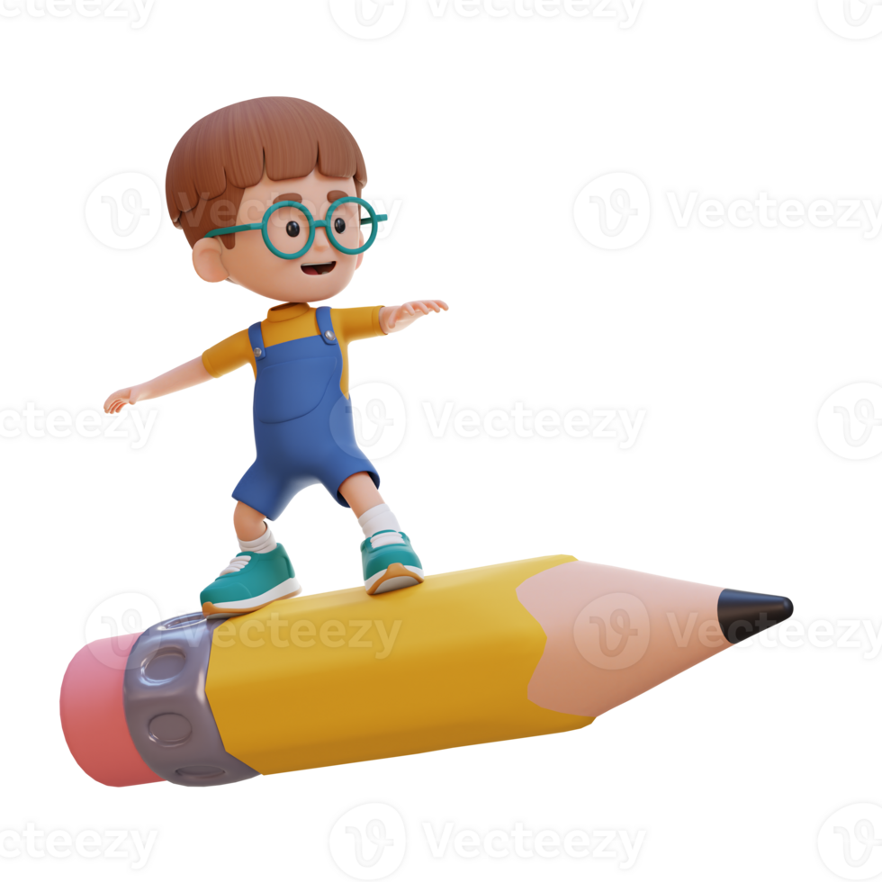 3D kid character standing riding a pencil png
