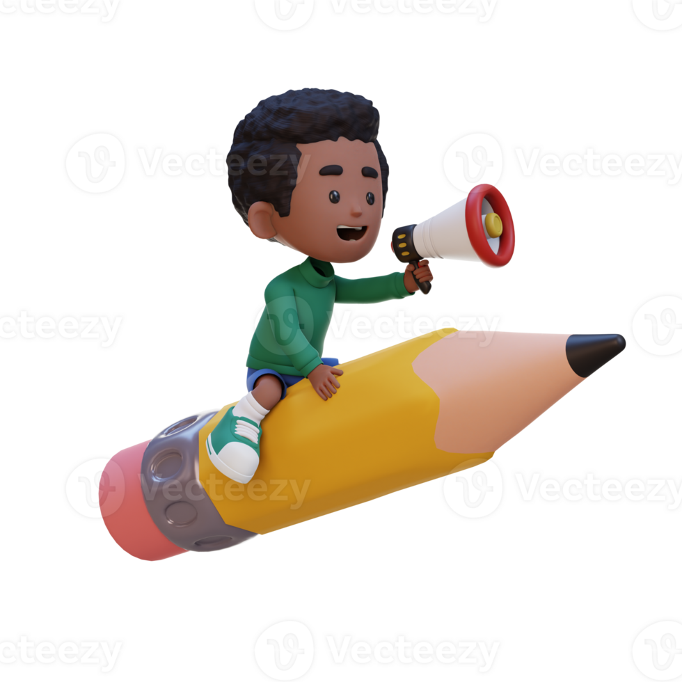 3D kid character riding a pencil and holding megaphone png