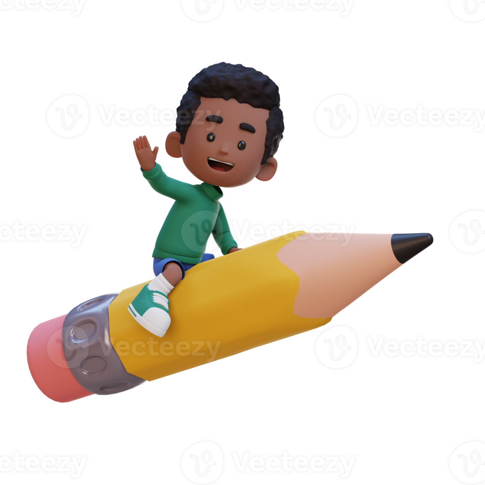 3D kid character riding a pencil and waving hand png