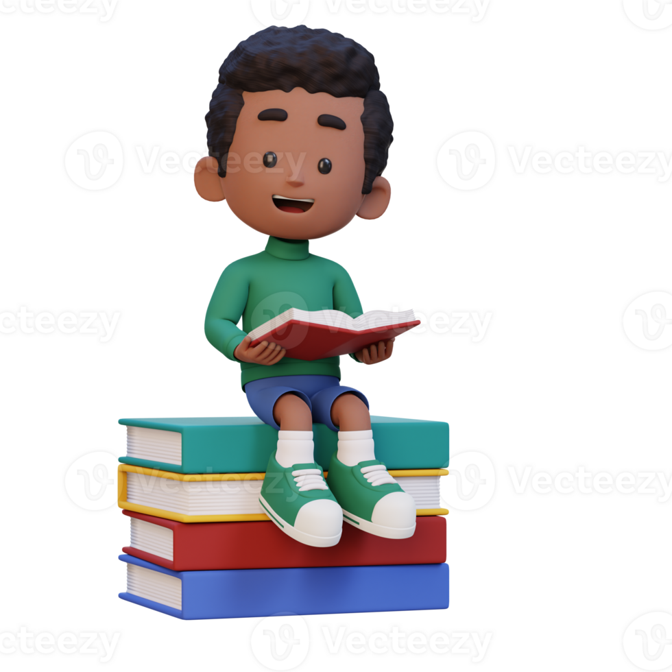 3D happy kid character reading book png