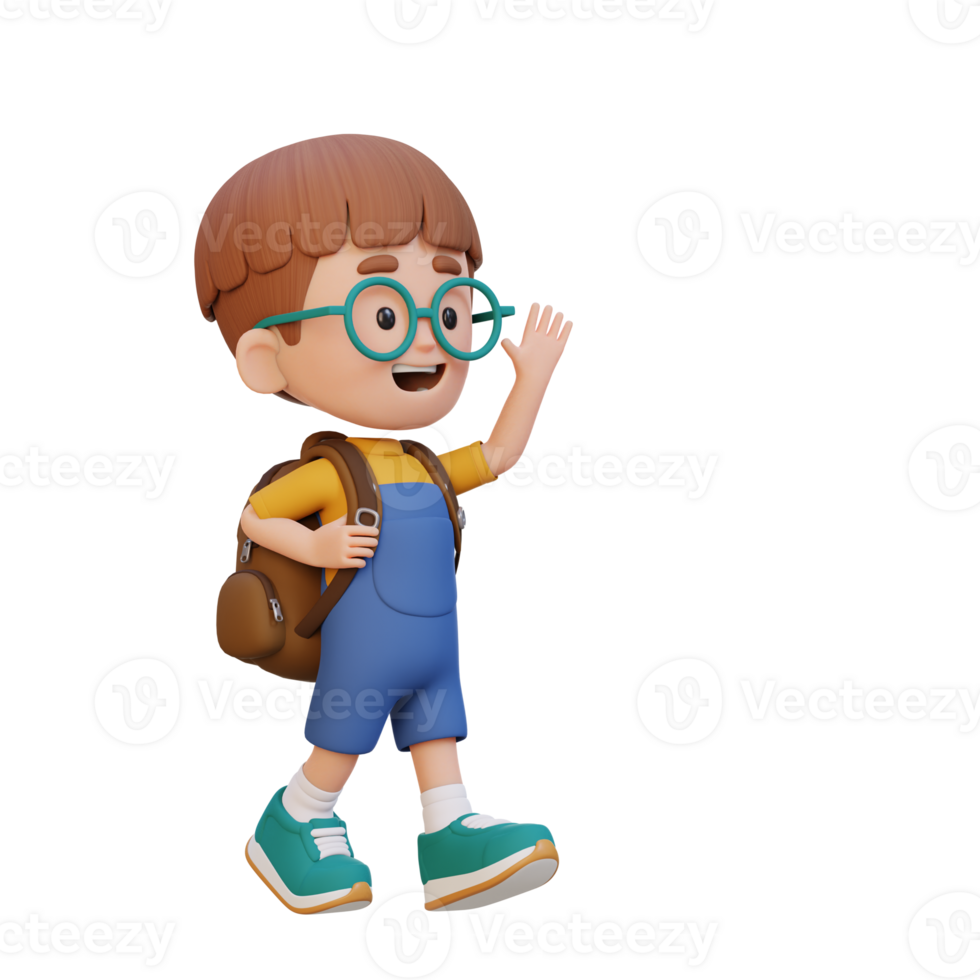 3D happy kid character walking and waving hand png