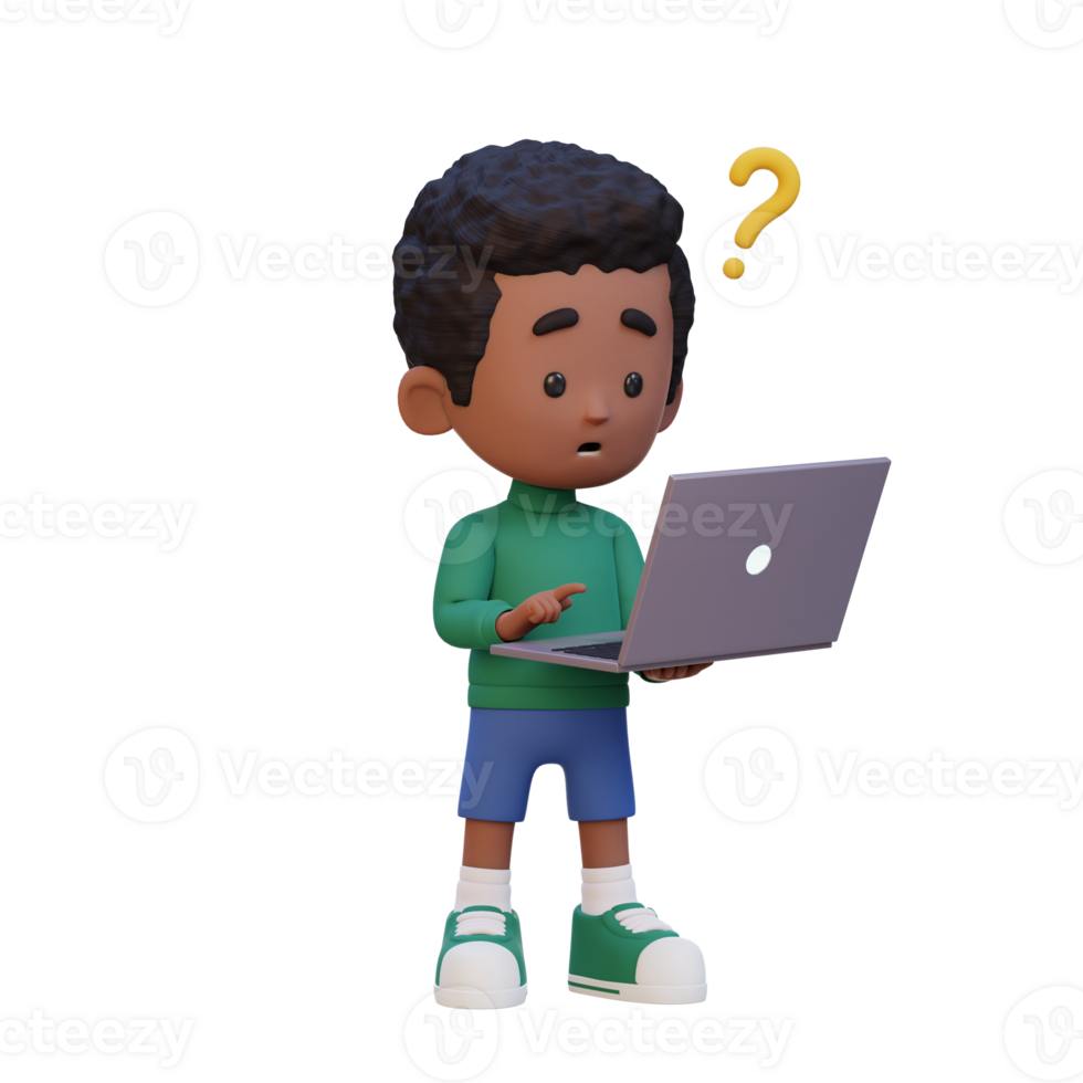 3D cute kid character confused on a laptop png