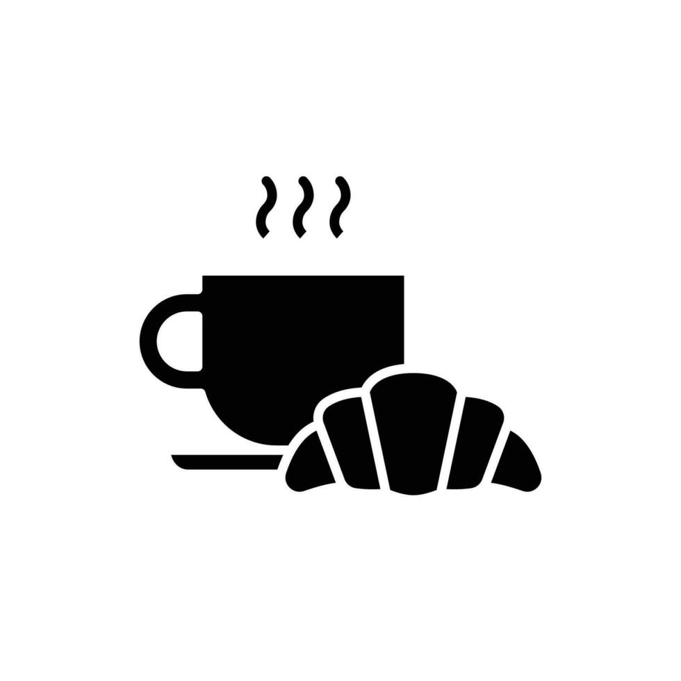 Coffee and croissant icon. Simple solid style. Bread, pastry, crescent, food and drink concept. Black silhouette, glyph symbol. Vector illustration isolated.