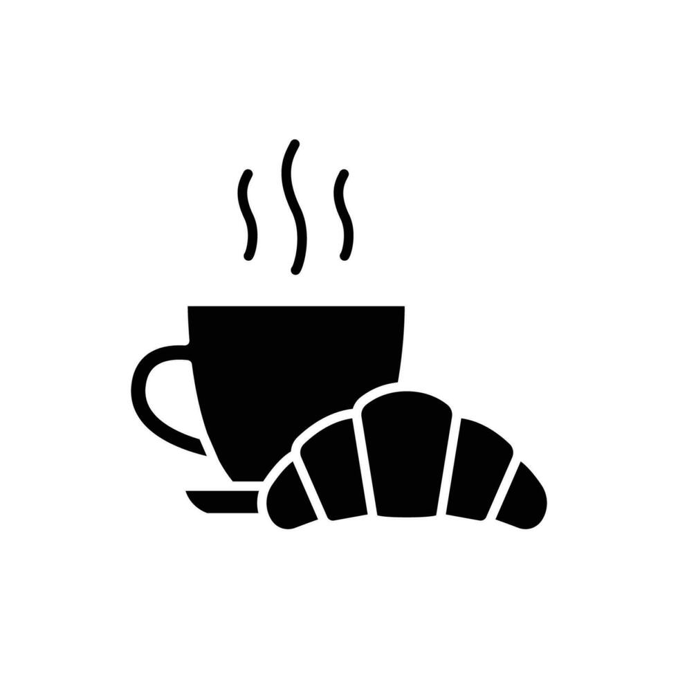 Coffee and croissant icon. Simple solid style. Bread, pastry, crescent, food and drink concept. Black silhouette, glyph symbol. Vector illustration isolated.