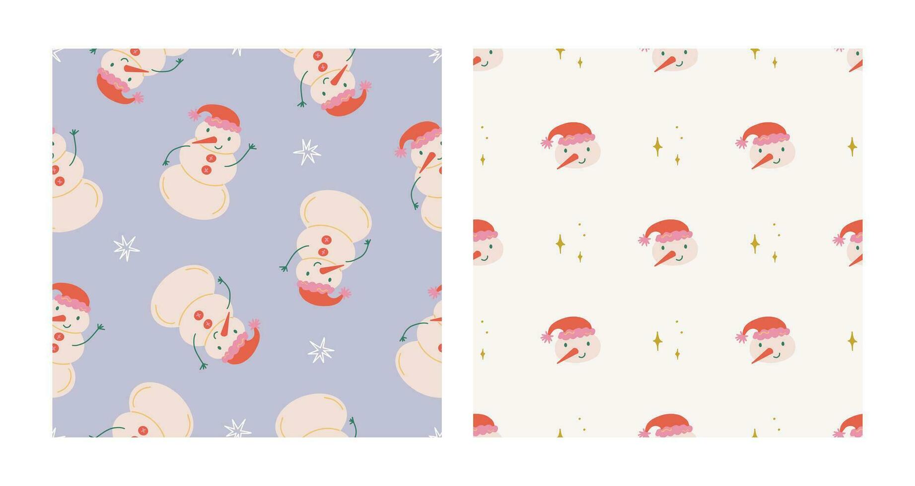 Cute snowman and sparkles seamless pattern set. Christmas and New Year concept. Hand drawn retro vintage vector texture for wallpaper, prints, wrapping, textile