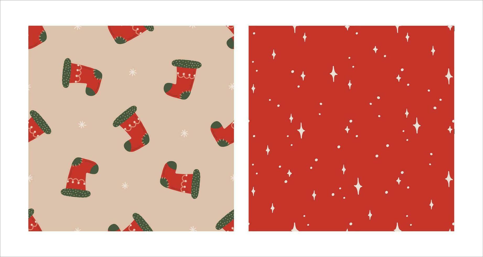 Seamless pattern set with Christmas red sock and sparkles. Christmas and New Year concept. Hand drawn retro vintage vector texture for wallpaper, prints, wrapping, textile