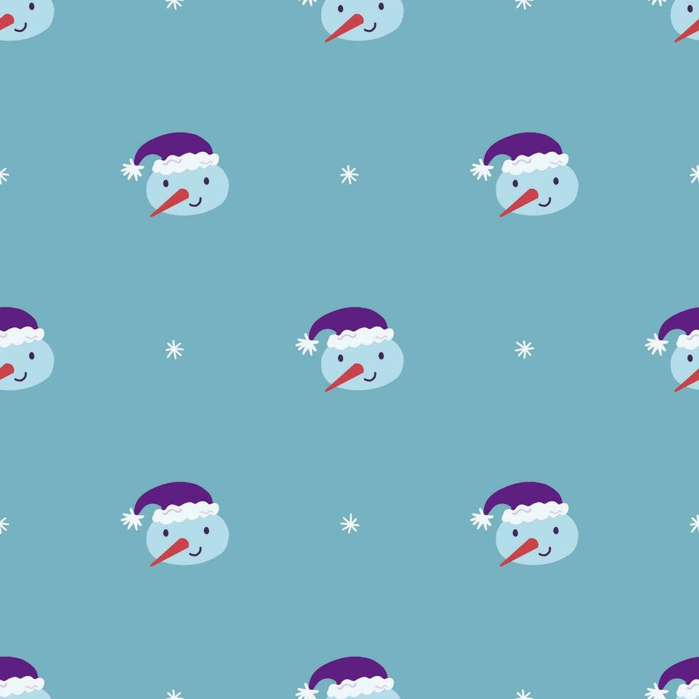 Cute snowman and snowflakes seamless pattern. Christmas and New Year concept. Hand drawn light blue vector texture for wallpaper, prints, wrapping, textile