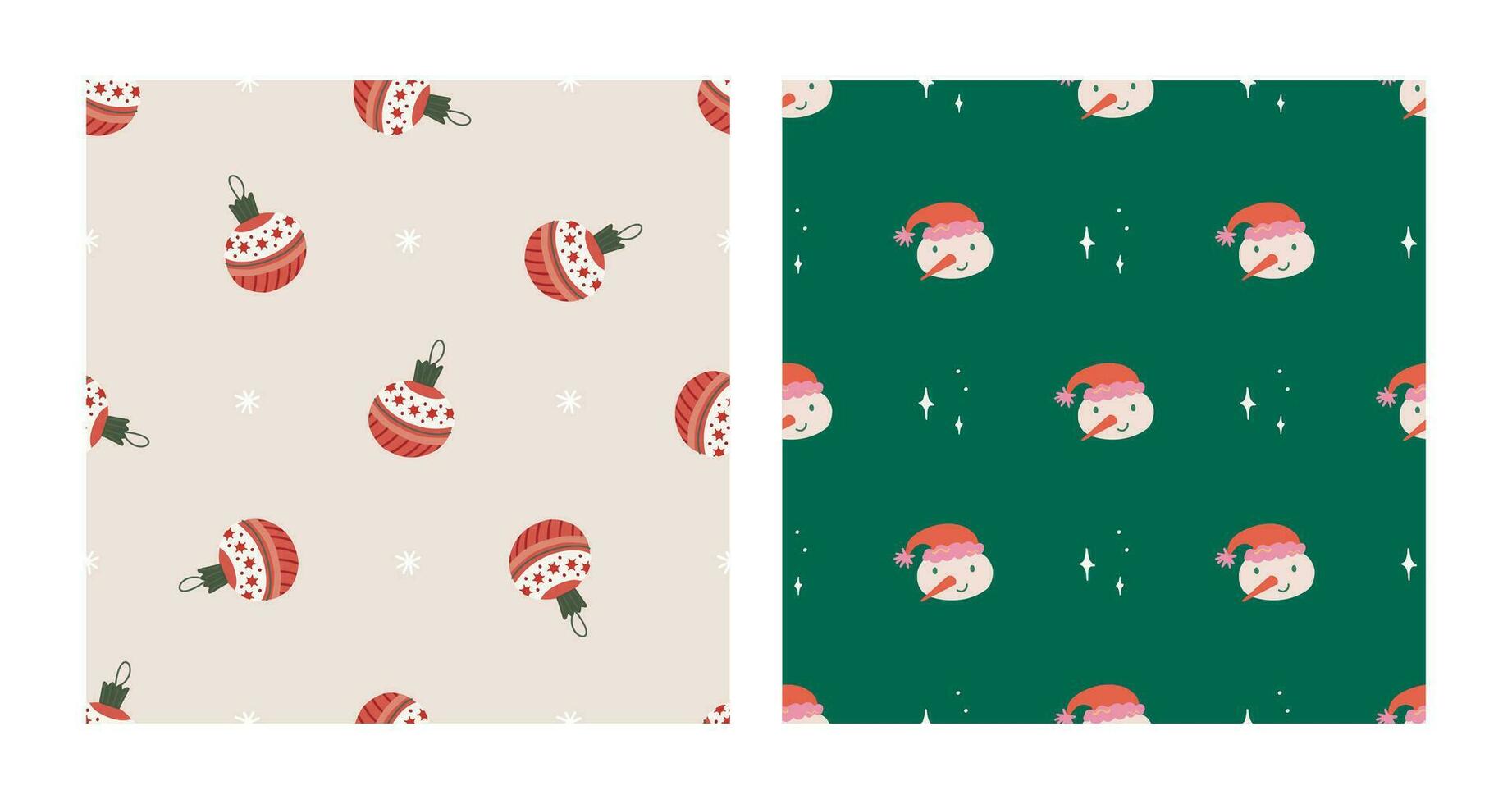 Cute snowman and sparkles, tree toys seamless pattern set. Christmas and New Year concept. Hand drawn retro vintage vector texture for wallpaper, prints, wrapping, textile