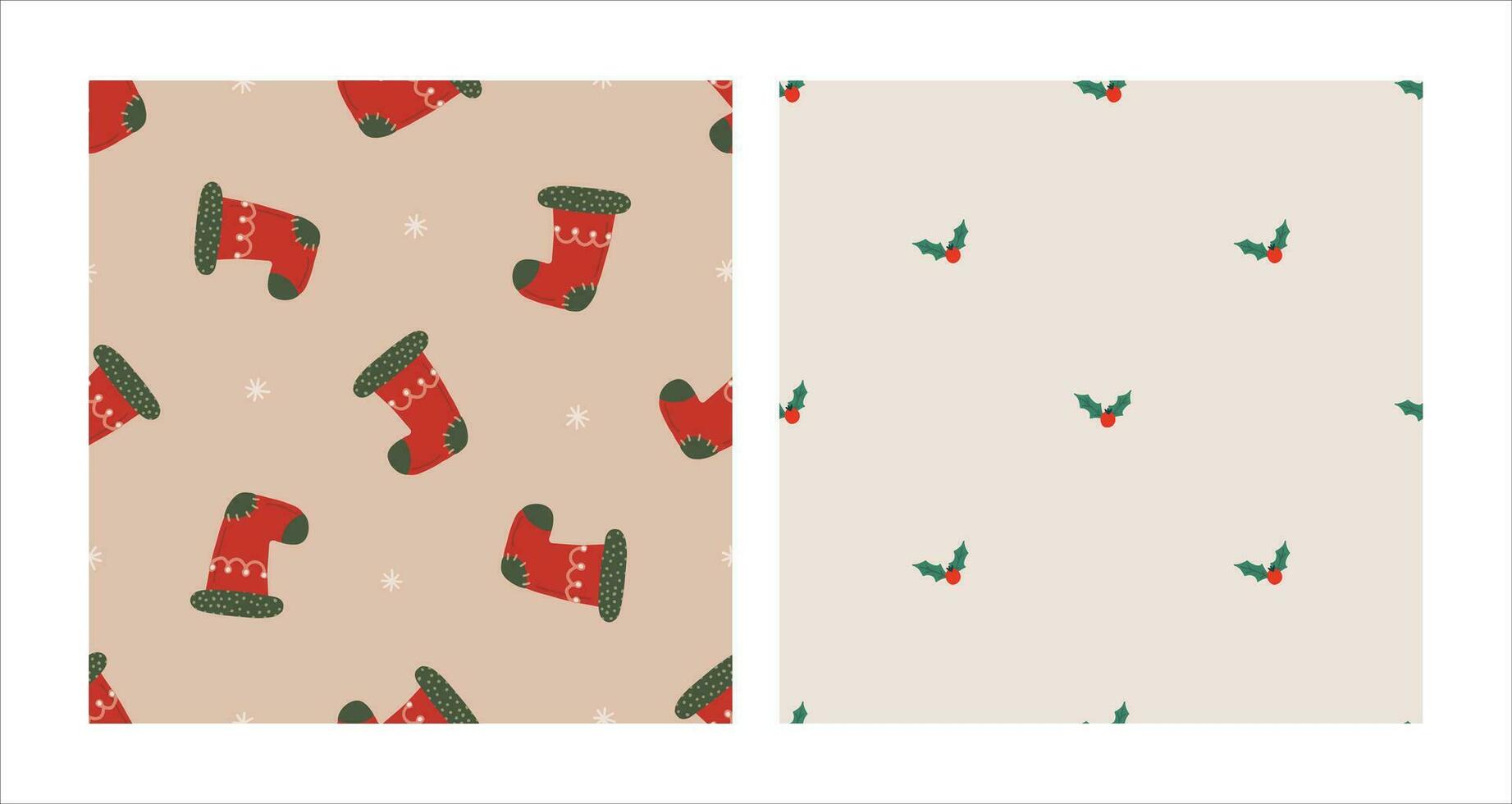 Seamless pattern set with Christmas red sock and holly. Christmas and New Year concept. Hand drawn retro vintage vector texture for wallpaper, prints, wrapping, textile