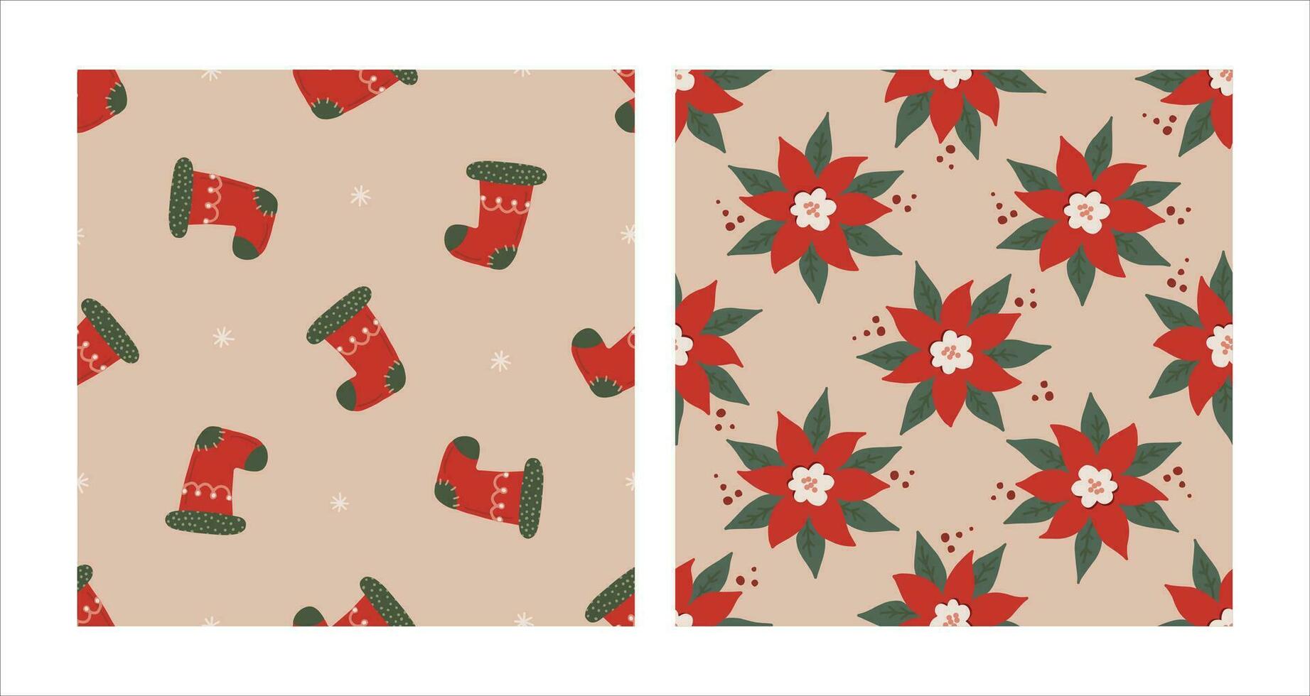 sin costura modelo conjunto con flor de pascua y Navidad rojo calcetín. Navidad y nuevo año concepto. mano dibujado retro Clásico vector textura para fondo de pantalla, huellas dactilares, envase, textil