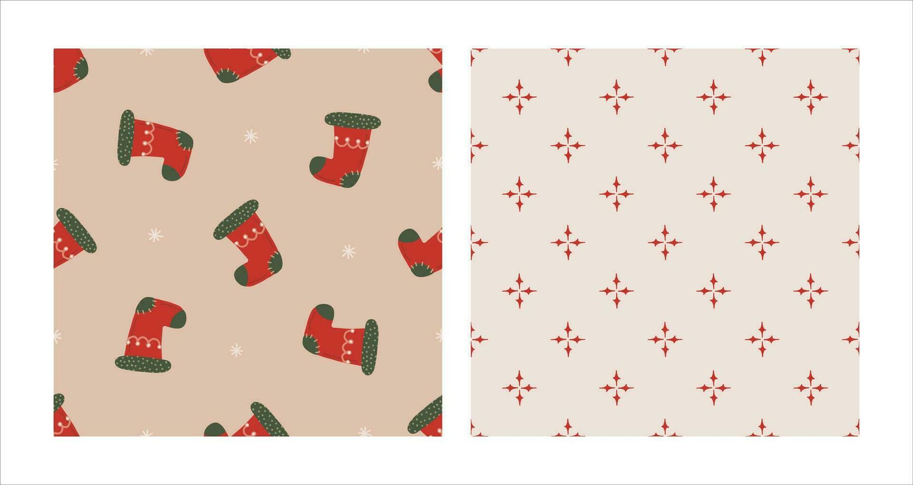 Seamless pattern set with Christmas red sock and geometric ornament. Christmas and New Year concept. Hand drawn retro vintage vector texture for wallpaper, prints, wrapping, textile