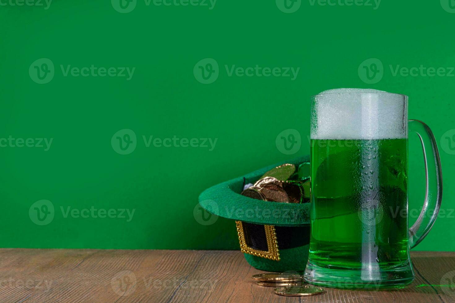 St. Patrick's Day Celebration, Festive Irish Holiday with Green Background, Concept of Shamrock Tradition in March Festival photo