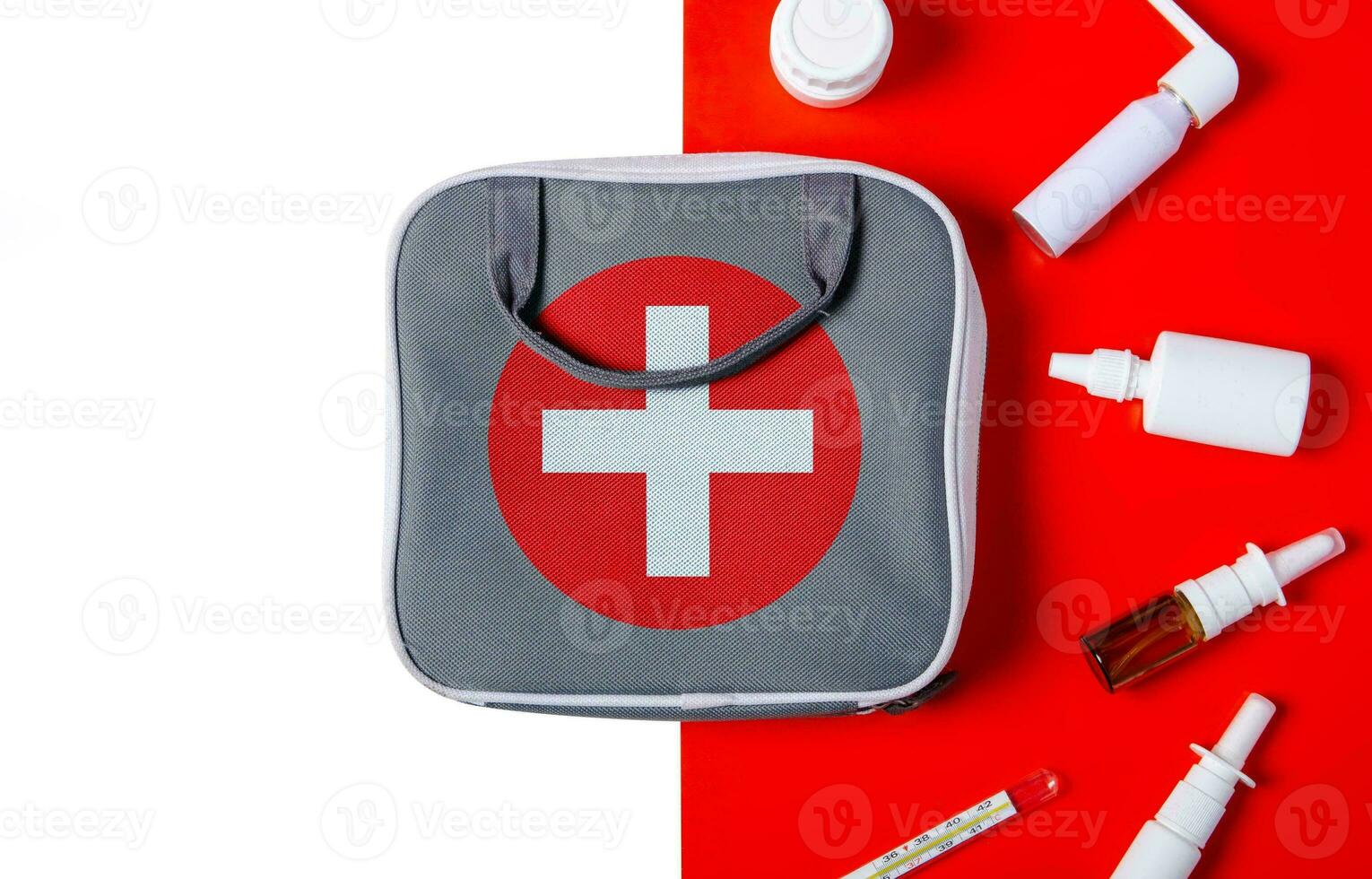 Emergency First Aid Kit, Medical Emergency Supplies for Health Care and Safety, Concept for Rescue and Treatment Support photo