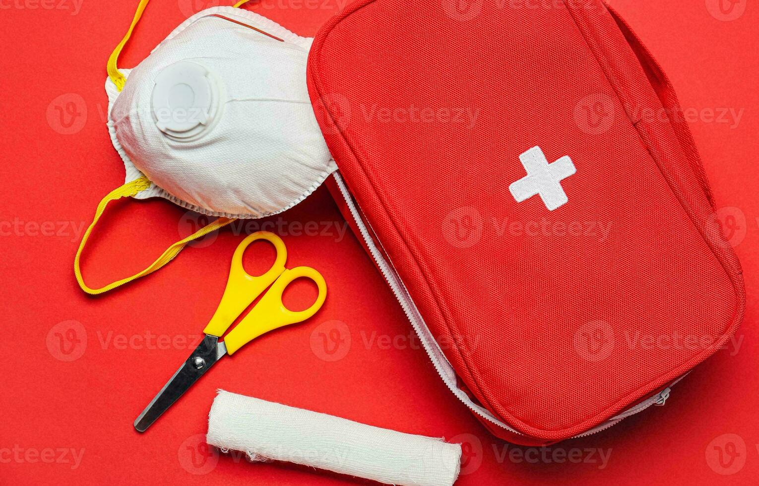 Emergency First Aid Kit, Medical Emergency Supplies for Health Care and Safety, Concept for Rescue and Treatment Support photo