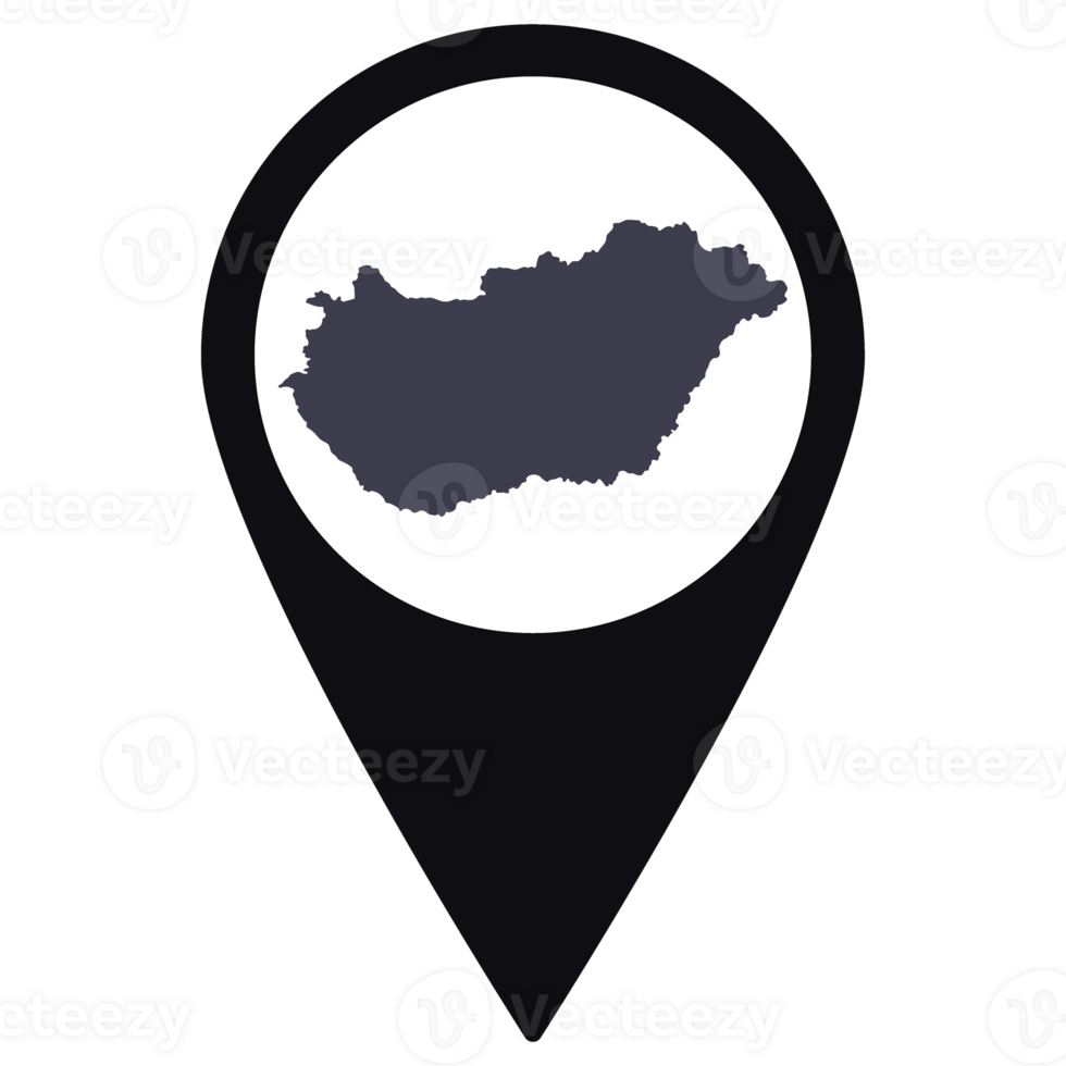 Black Pointer or pin location with Hungary map inside. Map of Hungary png