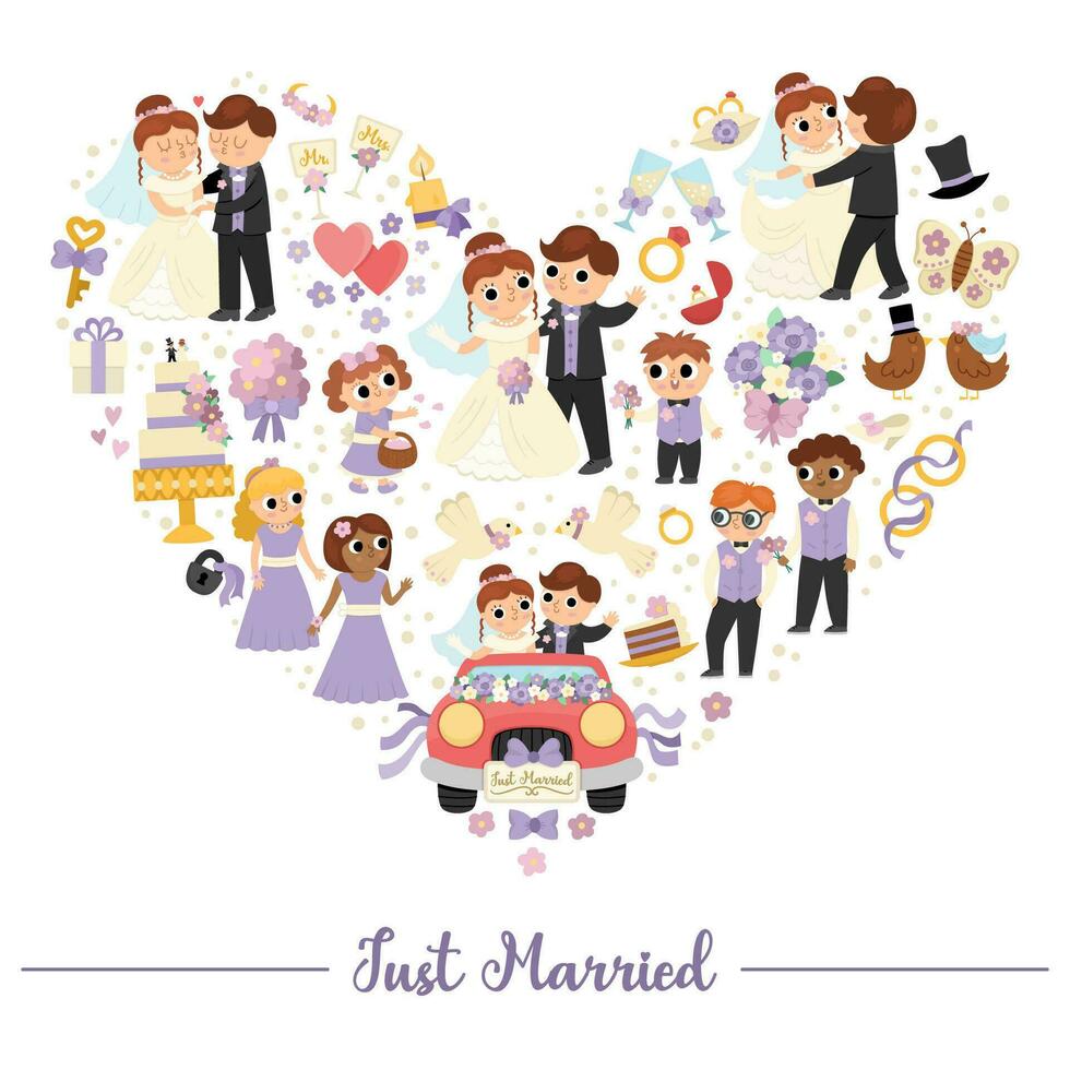 Vector wedding frame with just married couple. Marriage ceremony card template framed in heart shape. Cute matrimonial illustration with bride, groom, bridesmaids, bridegroom, cake, rings