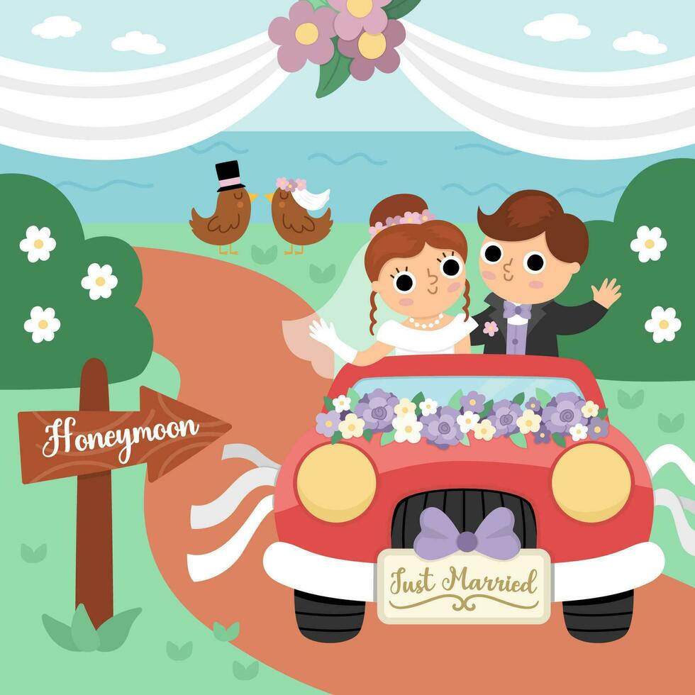 Vector wedding scene with cute just married couple. Marriage ceremony landscape with bride and groom. Husband and wife going to honeymoon on red car decorated with flowers