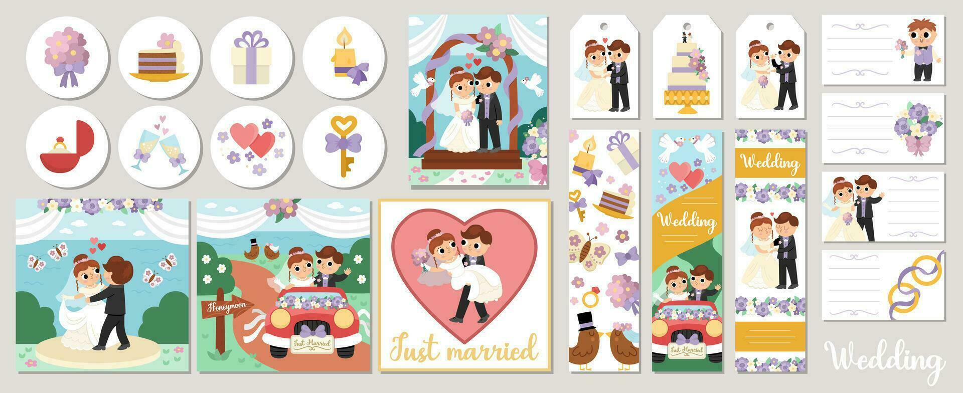 Cute wedding cards set with just married couple, bride, groom, bridesmaids, cake. Vector marriage ceremony square, round, vertical print templates. Matrimonial design for tags, postcards, ads