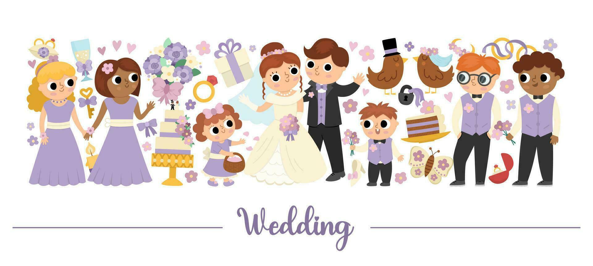 Vector wedding horizontal border set with just married couple. Marriage ceremony card template design with holiday characters. Cute matrimonial border with bride, groom, bridesmaids