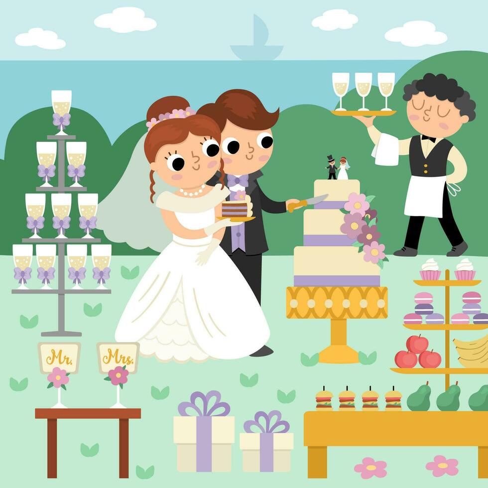 Vector wedding scene with cute just married couple. Marriage ceremony landscape with bride and groom. Husband and wife cutting the cake near the candy bar