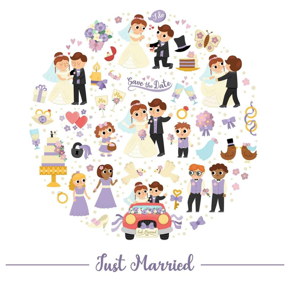 Vector wedding round frame with just married couple. Marriage ceremony card template for banners, invitations. Cute matrimonial illustration with bride, groom, bridesmaids, bridegroom, cake, rings