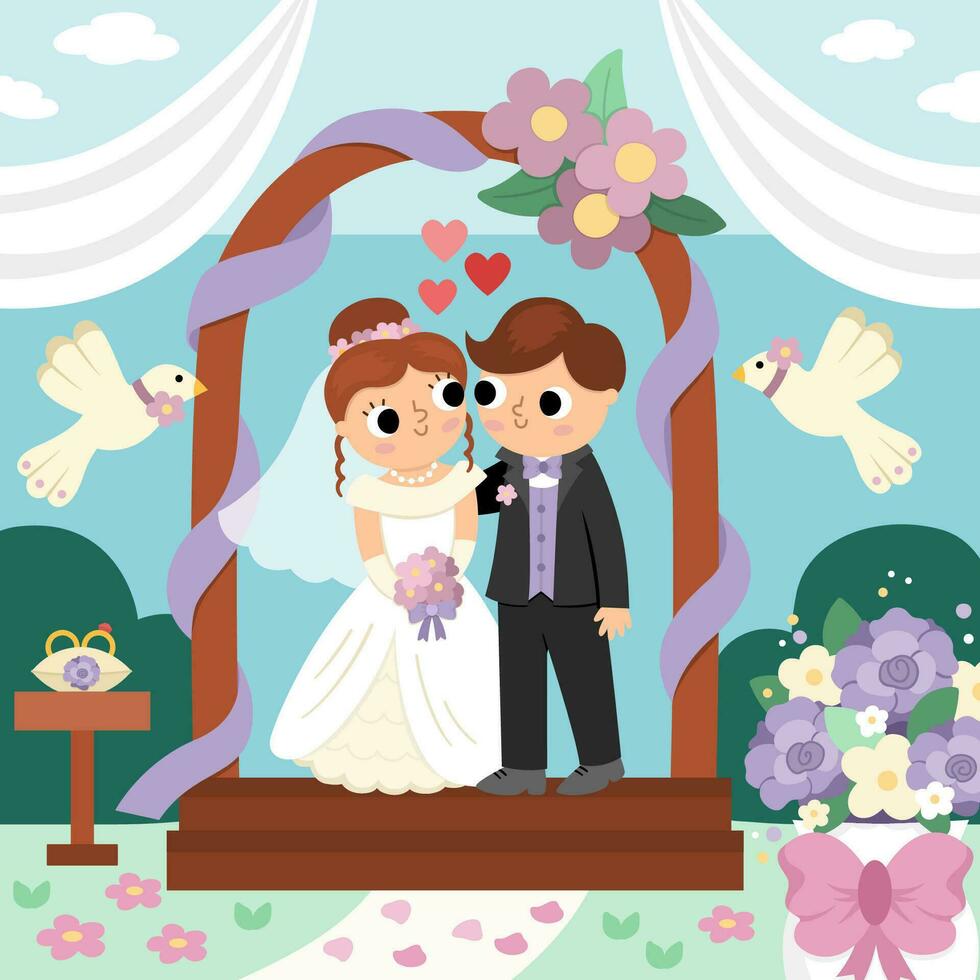 vector Boda escena con linda sólo casado Pareja. matrimonio ceremonia paisaje con novia y novio. marido y esposa en pie en el arco con palomas y flores