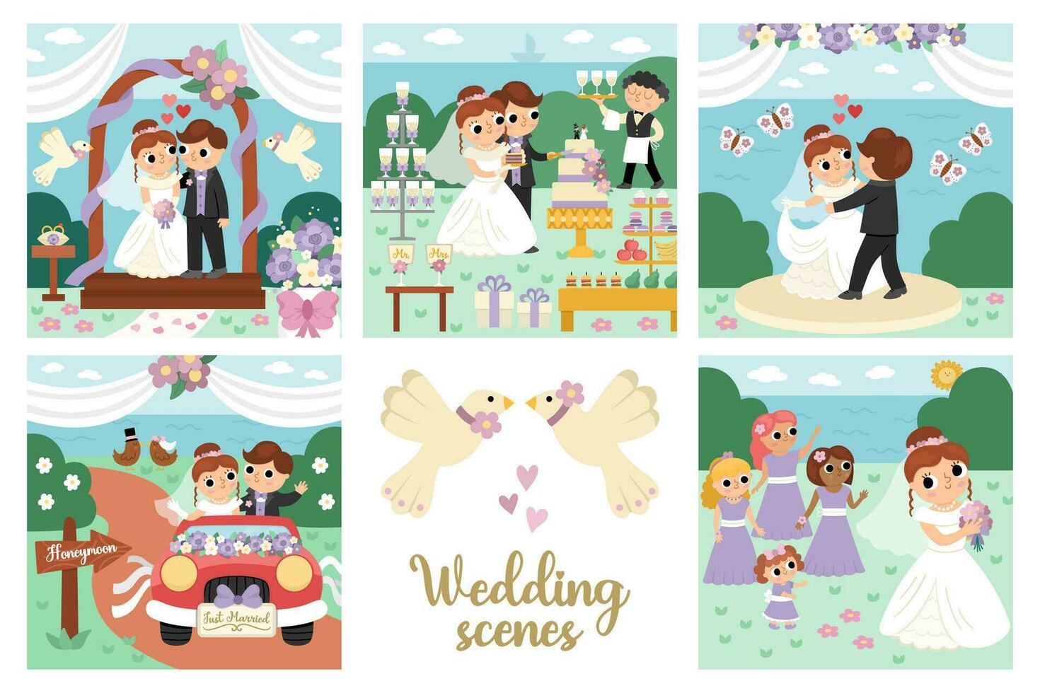 Vector wedding scenes set. Cute just married couple. Marriage ceremony landscapes with bride and groom. Husband, wife cutting cake, dancing first dance, going to honeymoon, throwing bouquet