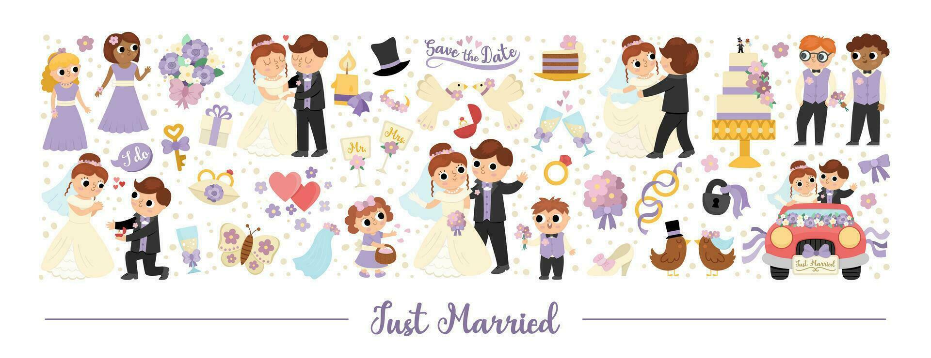 Vector wedding horizontal set with just married couple. Marriage ceremony card template for banners, invitations. Cute matrimonial illustration with bride, groom, bridesmaids, bridegroom, cake, rings