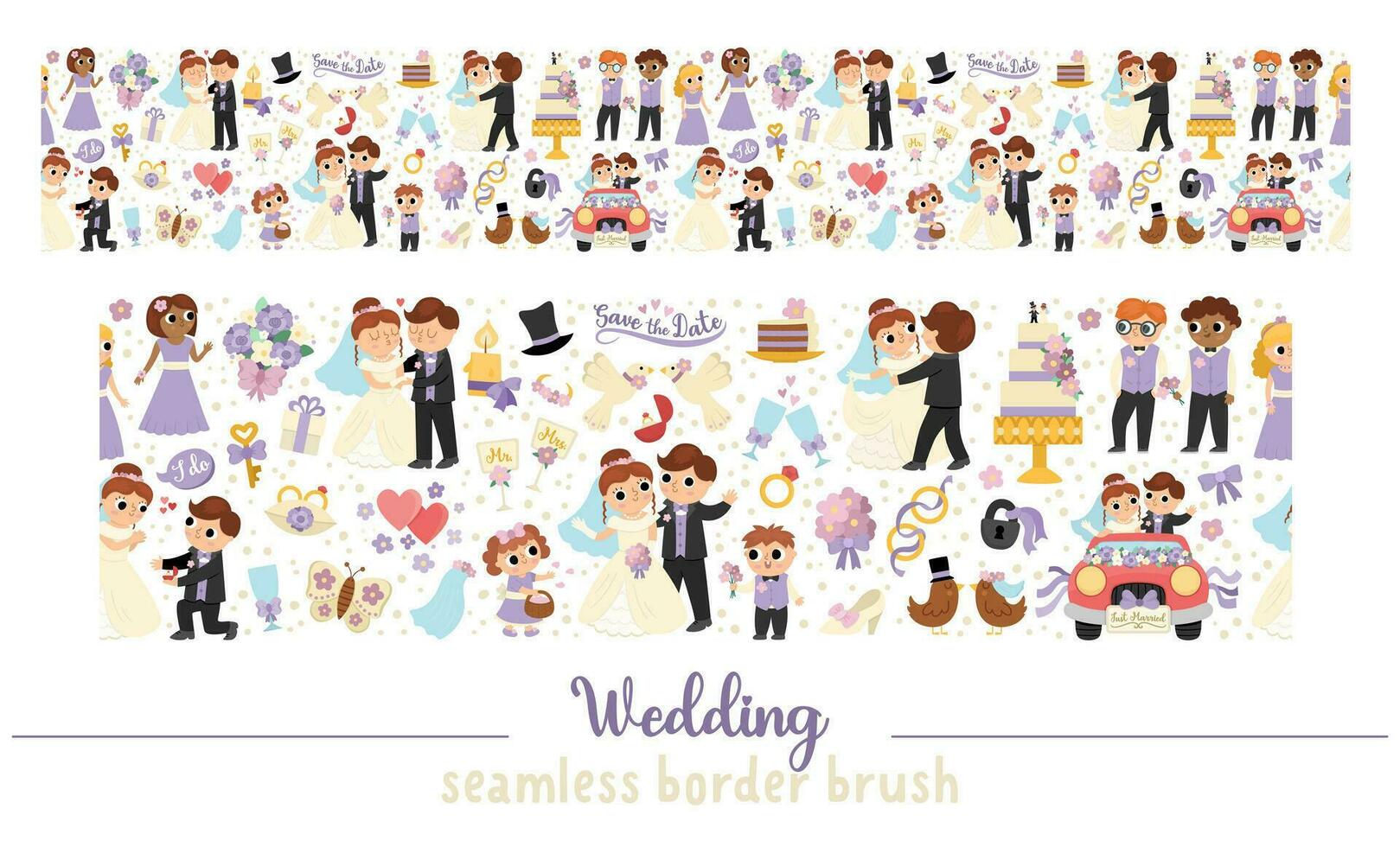 Vector wedding seamless pattern border brush with just married couple. Marriage ceremony horizontal repeating background. Cute matrimonial illustration with bride, groom, bridesmaids, cake