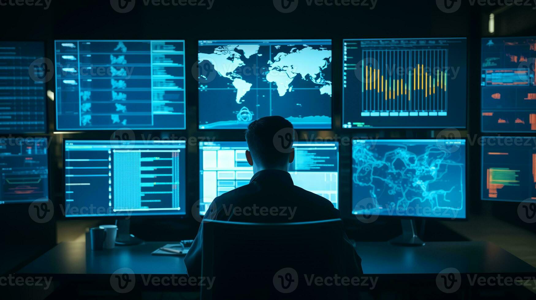 AI generated IT Technician Monitoring Network in System Control Center photo