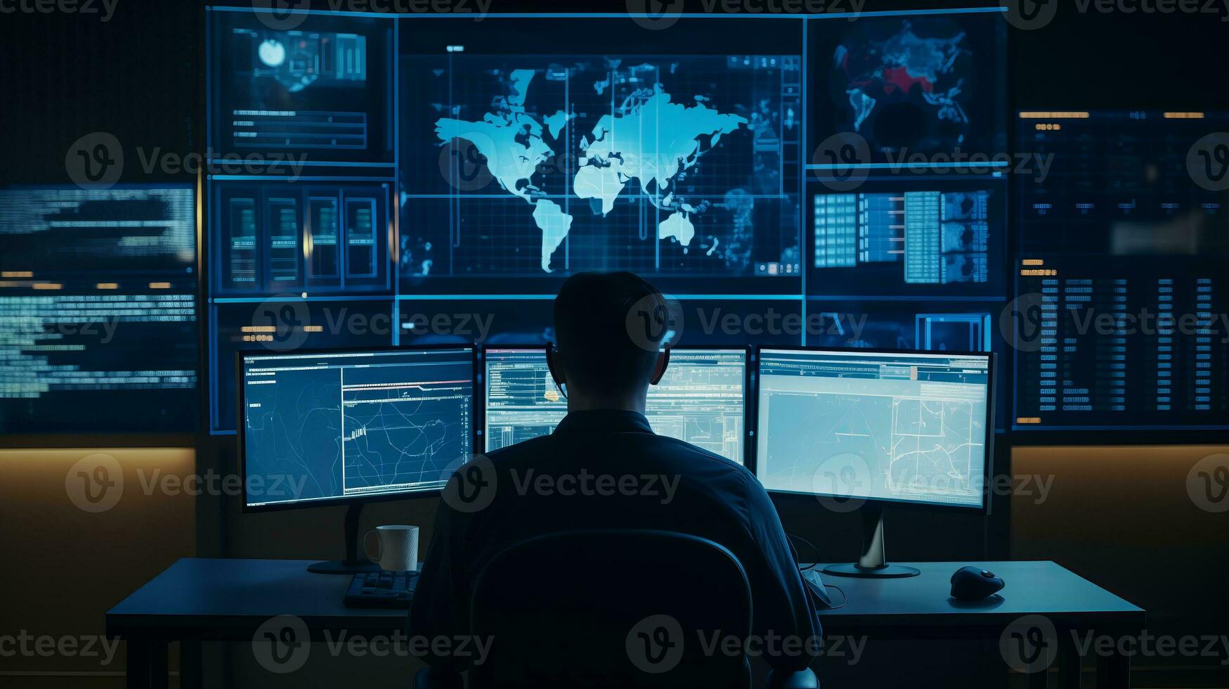 AI generated Network Operations Leader Reviewing Digital Data Flows in Command Center photo