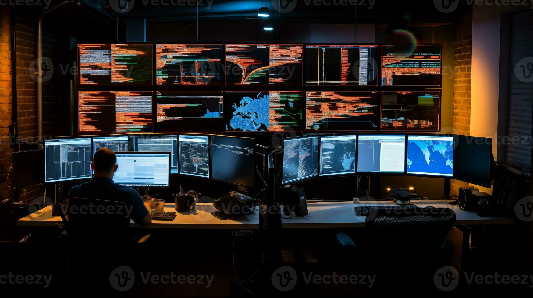AI generated Cybersecurity Expert Monitors Systems in a Dark Operations Control Room photo