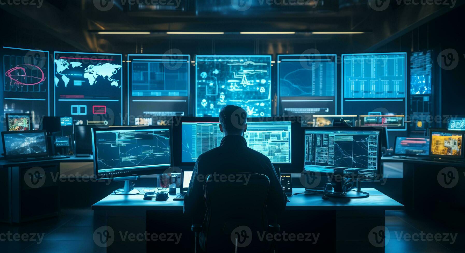 AI generated Programmer at Work in Data Center with Coding Interface on Display photo