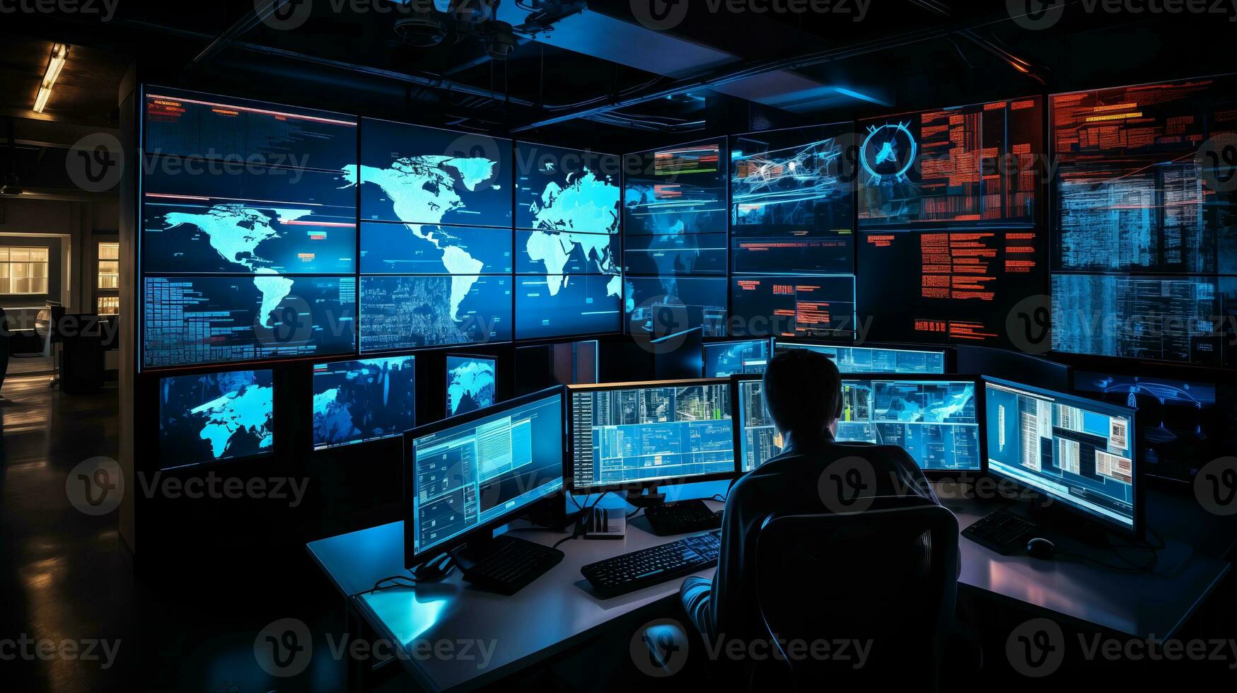 AI generated Surveillance Authority Overseeing Global Data Operations in High-Tech Room photo