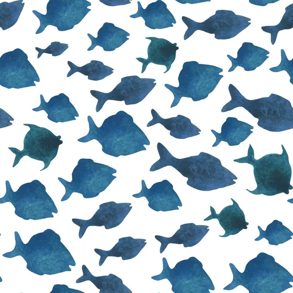 Simple blue fish silhouettes. Watercolor illustration hand drawn in children s style. Seamless pattern on a white background. vector