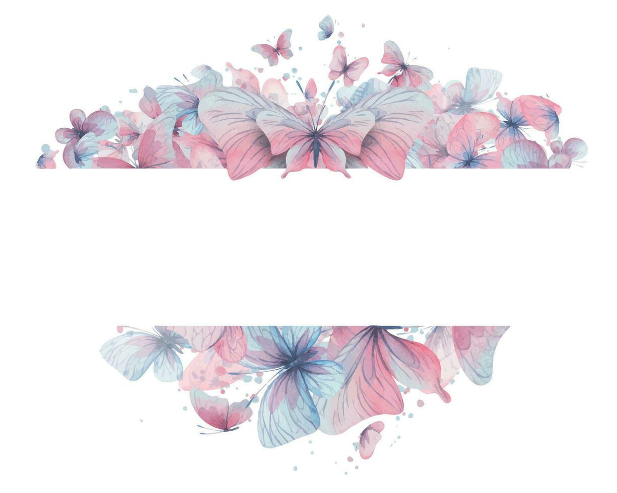 Butterflies are pink, blue, lilac, flying, delicate with wings and splashes of paint. Hand drawn watercolor illustration. Frame, banner, template on a white background, for design vector
