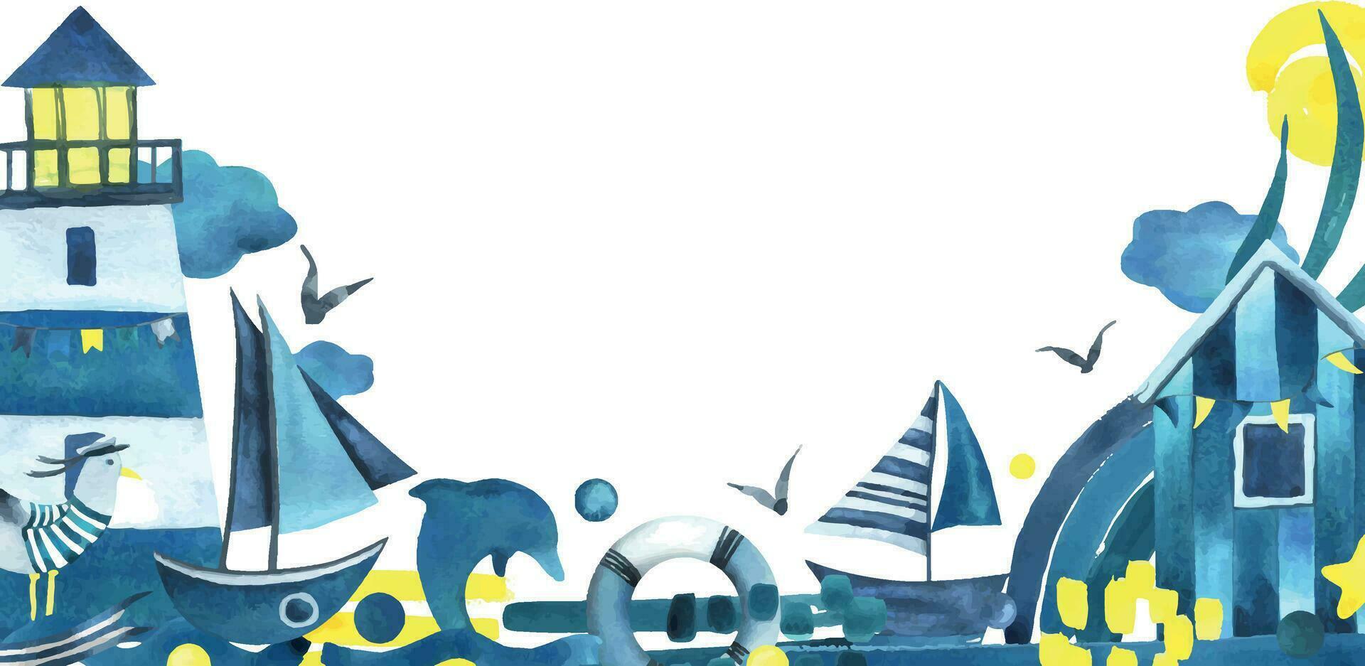 navegación barco con un arcoíris, ondas, Dom y azul, turquesa y amarillo nubes acuarela ilustración mano dibujado en un infantil sencillo estilo. marco, modelo en un blanco antecedentes vector