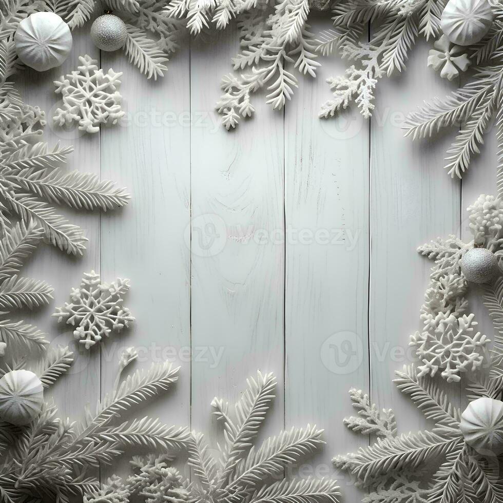 AI generated Christmas background with fir branches and baubles on white wooden background photo