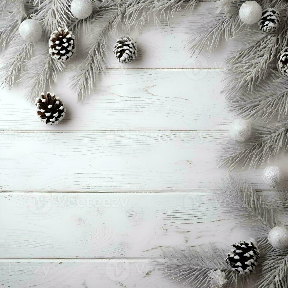 AI generated Christmas background with fir branches and baubles on white wooden background photo