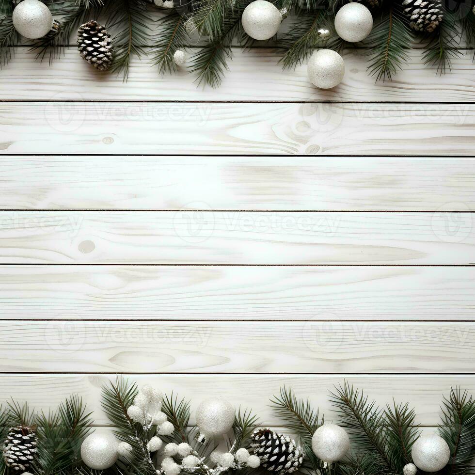 AI generated Christmas background with fir branches and baubles on white wooden background photo