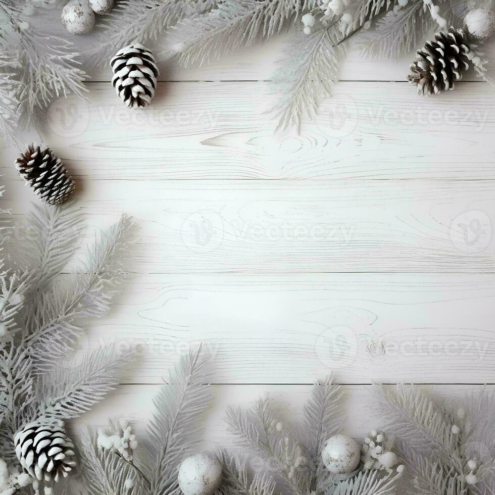 AI generated Christmas background with fir branches and baubles on white wooden background photo