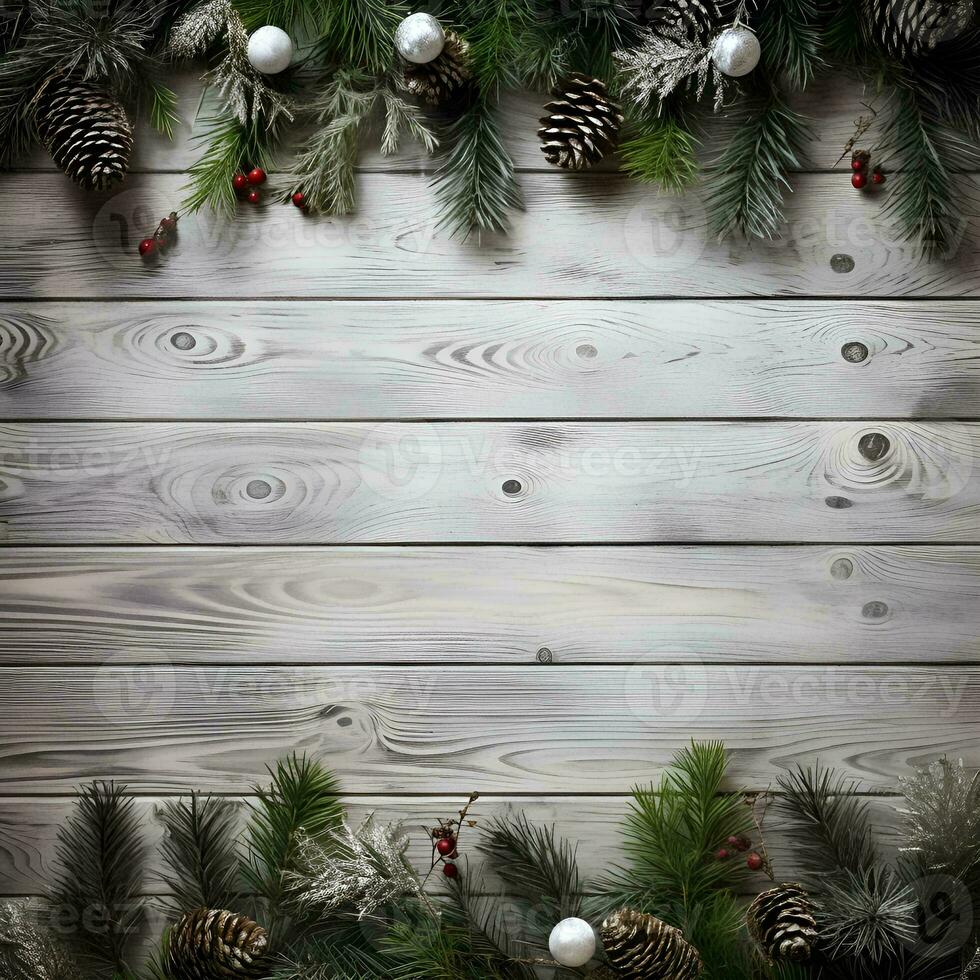 AI generated Christmas background with fir branches and baubles on white wooden background photo