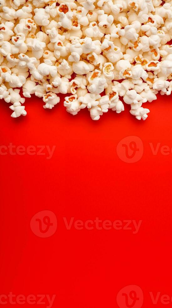 AI generated Popcorn scattered on a red background.  A classic movie theater snack. View from above.  Ai generative. Ai photo